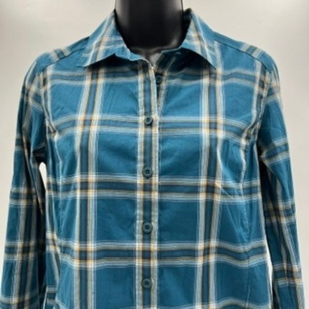 Orvis Womens‎ Teal Blue Yellow Plaid Long Sleeve Hiking Utility Shirt Small